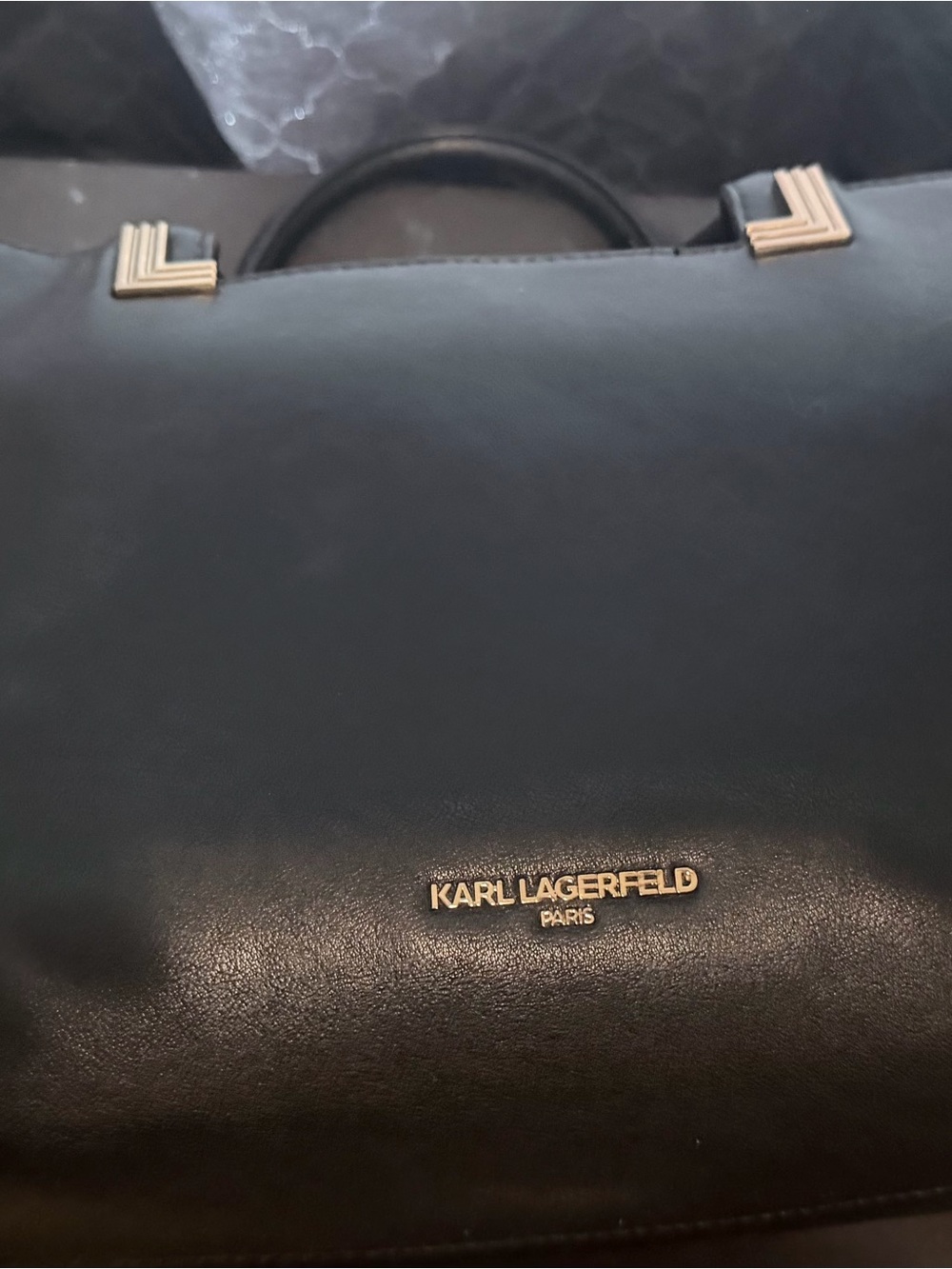 Karl Lagerfeld Black Leather Briefcase with Gold Hardware